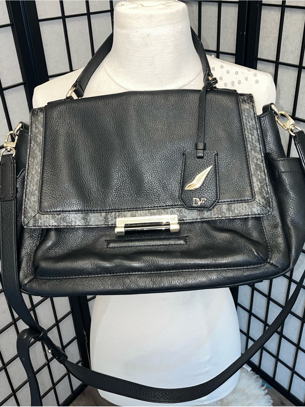 Diane Von Furstenberg Black Leather Shoulder Satchel with Silver Accents